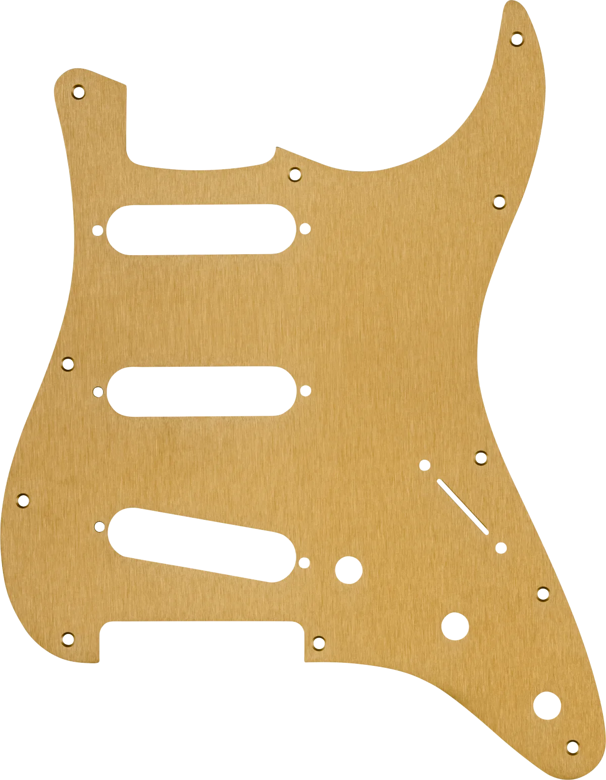 Fender 11-Hole Modern 1-Ply Anodized Stratocaster S/S/S Pickguard — Pickguard, Stratocaster S/S/S, 11-Hole Mount, Gold Anodized Aluminum, 1-Ply · Battipenna · R&D Sound Lugano