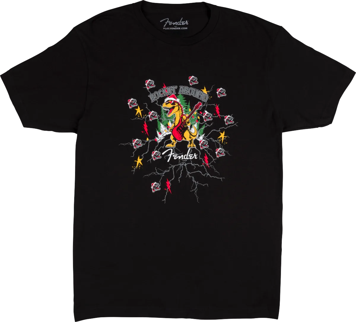 Fender 2025 Ugly Christmas Dinosaur Tee — 2025 Fender Ugly Christmas Tee, M · Abbigliamento · R&D Sound Lugano