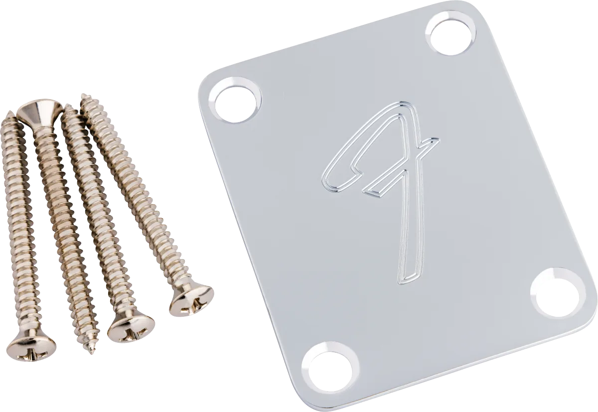 Fender 4-Bolt '70s Vintage-Style F Logo Neck Plate — 4-Bolt Vintage-Style Neck Plate "F" (Chrome) · Manici · R&D Sound Lugano