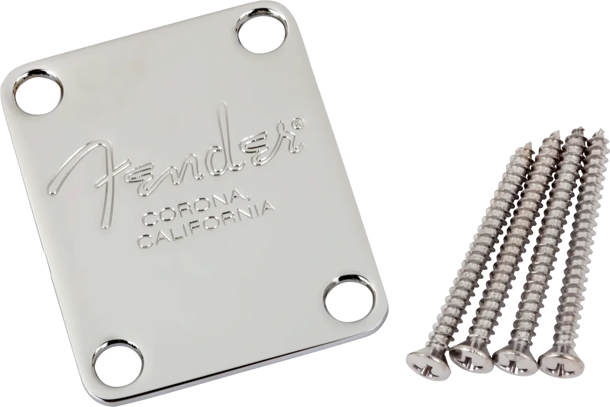 Fender 4-Bolt American Series Bass Neck Plate — with "Fender Corona" Stamp (Chrome) · Manici · R&D Sound Lugano