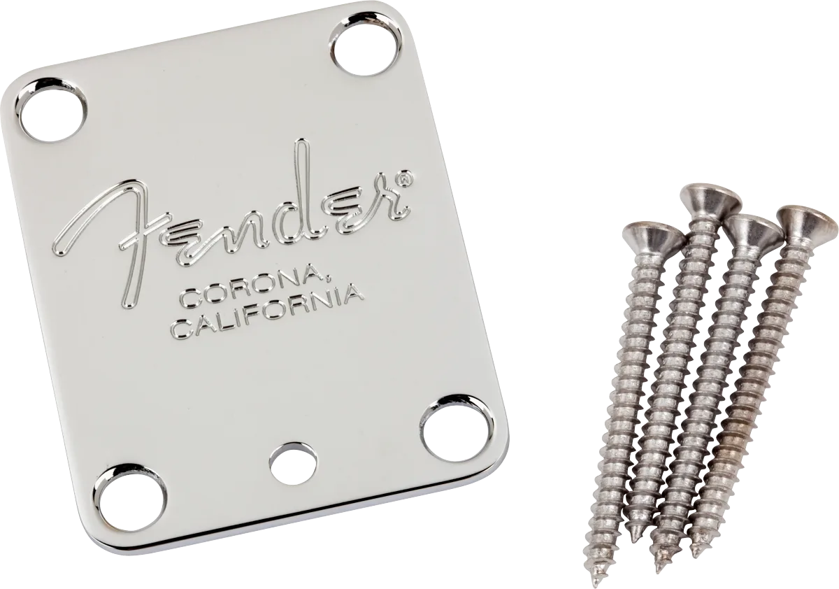 Fender 4-Bolt American Series Guitar Neck Plate with "Fender Corona" Stamp — (Chrome) · Manici · R&D Sound Lugano