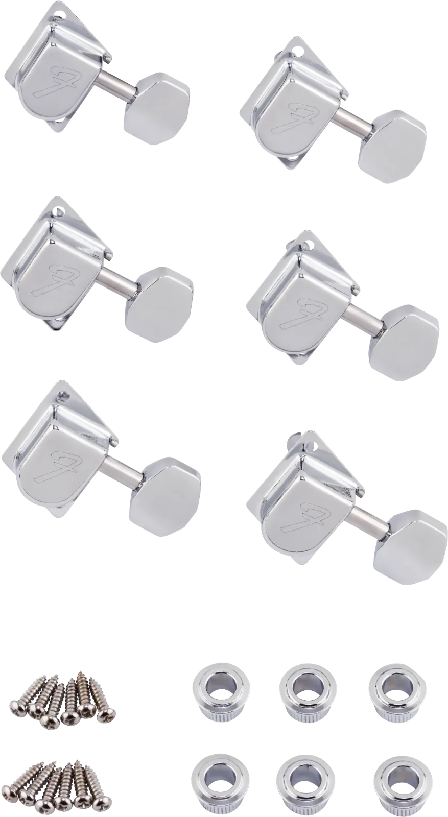 Fender 70s F Style Stratocaster-Telecaster Tuning Machine Set — 70s "F" Style Stratocaster/Telecaster Tuning Machines Chrome (6) · Meccaniche · R&D Sound Lugano