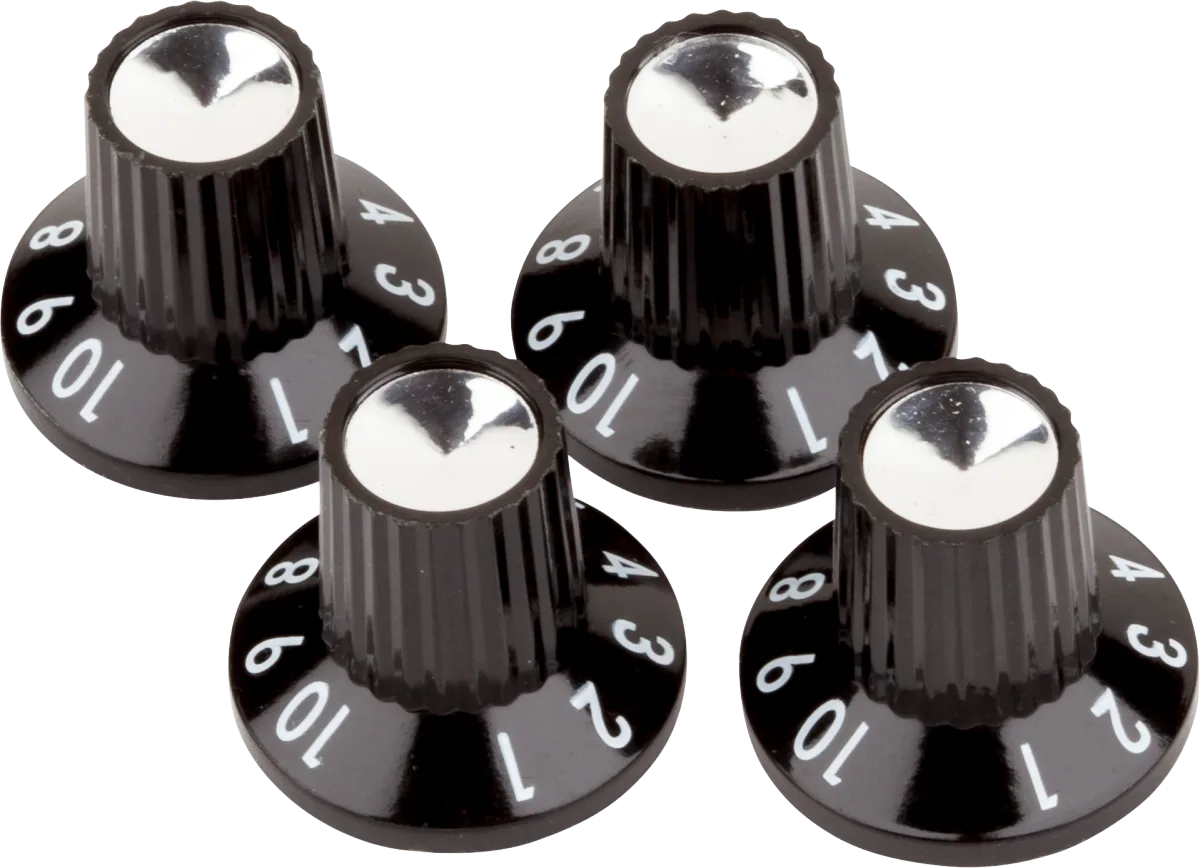 Fender Black-Silver Skirted (1-10) Push-On Amplifier Knobs — Black/Silver Skirted (1-10) Push-On Amplifier Knobs, Black (4) · Ricambi per amplificatori · R&D Sound Lugano
