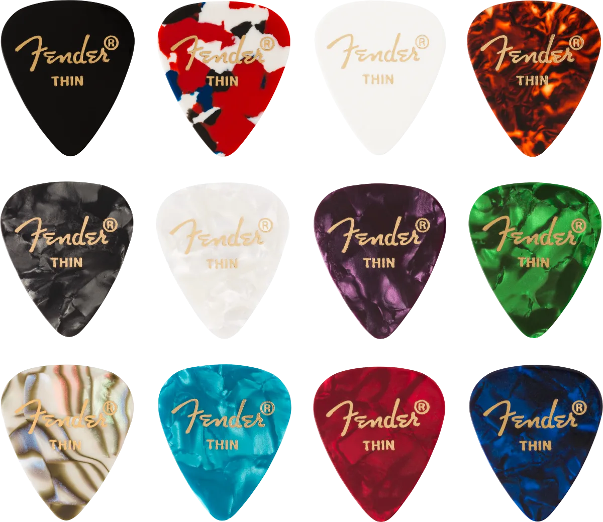 Fender Celluloid Medley Picks, 351 Shape - 12 Pack — 351 Shape, Celluloid Medley, Thin (12) · Plettri · R&D Sound Lugano