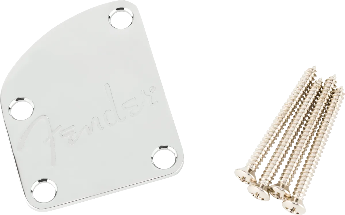 Fender Countoured Heel Neck Plate w/Spaghetti Logo, Chrome — 4-Bolt Deluxe Series Contoured Neck Plate w/Logo, (Chrome) · Manici · R&D Sound Lugano