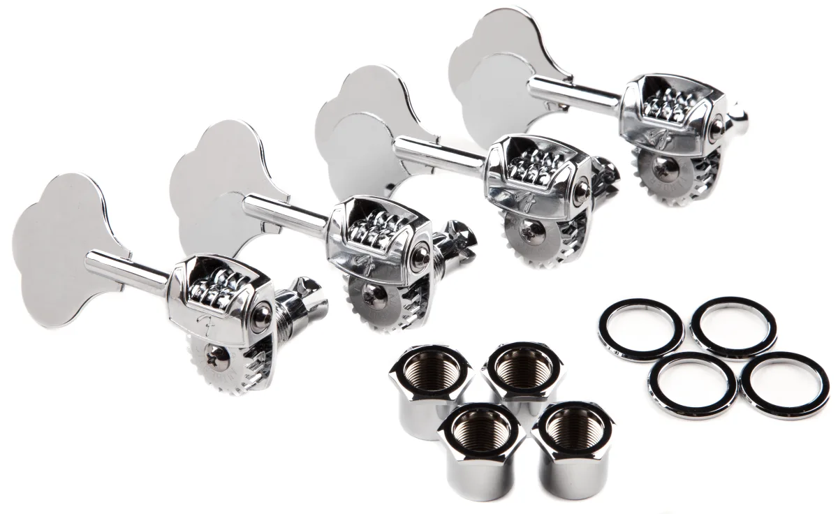 Fender Deluxe "F" Stamp Bass Tuning Machine Set - Left-Handed — Deluxe "F" Stamp Bass Tuning Machines, Left-Hand, (4), Chrome · Meccaniche · R&D Sound Lugano