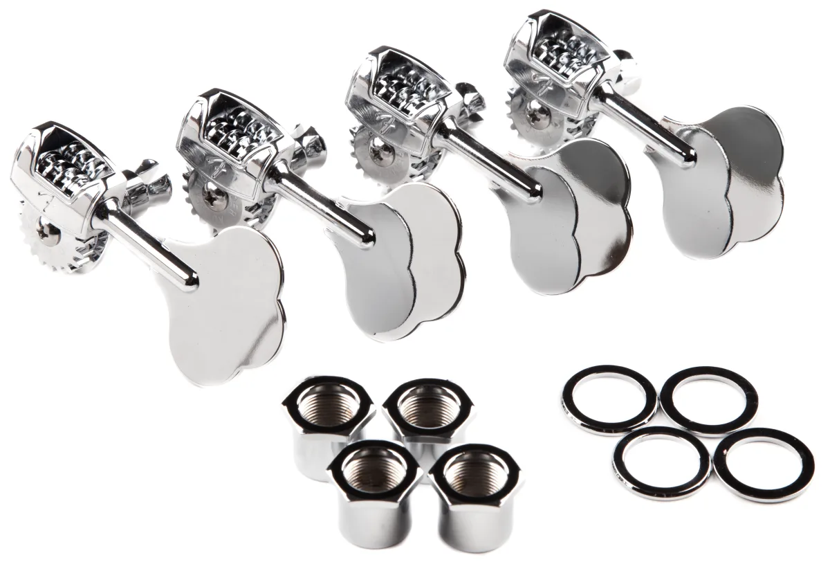 Fender Deluxe "F" Stamp Bass Tuning Machine Set — Deluxe "F" Stamp Bass Tuning Machines, (4), Chrome · Meccaniche · R&D Sound Lugano