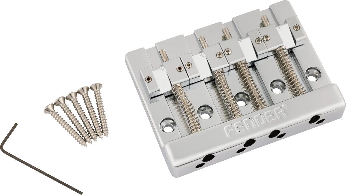 Fender HiMass 4-String Bass Bridge Assembly With Brass Saddles — Chrome · Ponti e componenti · R&D Sound Lugano