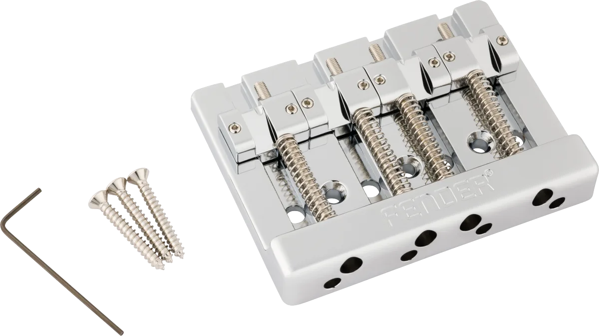 Fender HiMass String-Through 4-String Bass Bridge Assembly With Brass Saddles — Chrome · Ponti e componenti · R&D Sound Lugano