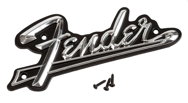 Fender Mid-'60s Black Panel Amplifier Logo — Fender Black Panel Amplifier Logo, Silver/Black · Ricambi per amplificatori · R&D Sound Lugano