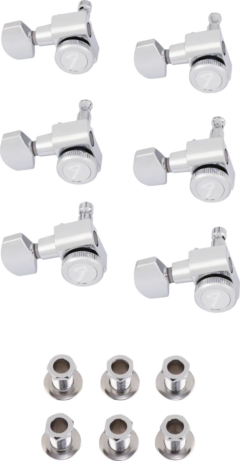 Fender Locking Stratocaster/Telecaster Tuning Machine Set - Left-Handed — Locking Strat/Tele Staggered Tuning Machines, Left-Handed Polished Chrome (6) · Meccaniche · R&D Sound Lugano