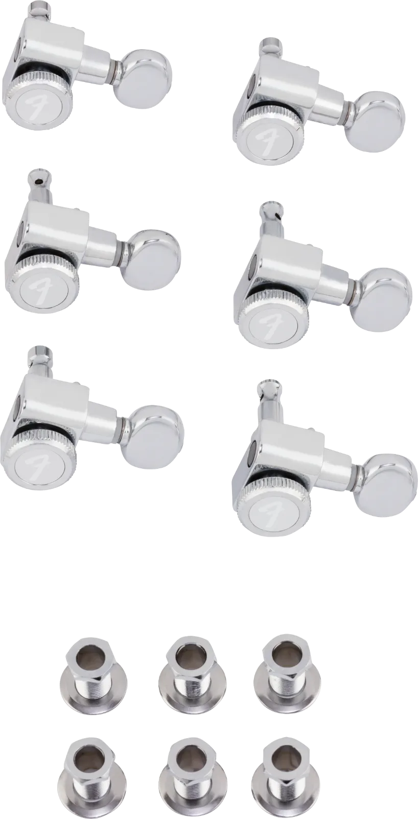 Fender Locking Stratocaster/Telecaster Vintage Buttons Tuning Machine Set — Fender Staggered Locking Tuners with Vintage-Style Buttons, Polished Chrome (6) · Meccaniche · R&D Sound Lugano