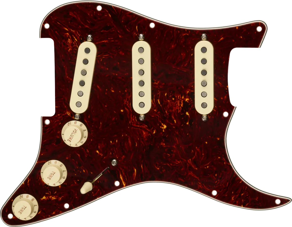 Fender Pre-Wired Strat Pickguard, Custom Shop Fat 50's SSS — Tortoise Shell 11 Hole PG · Battipenna · R&D Sound Lugano