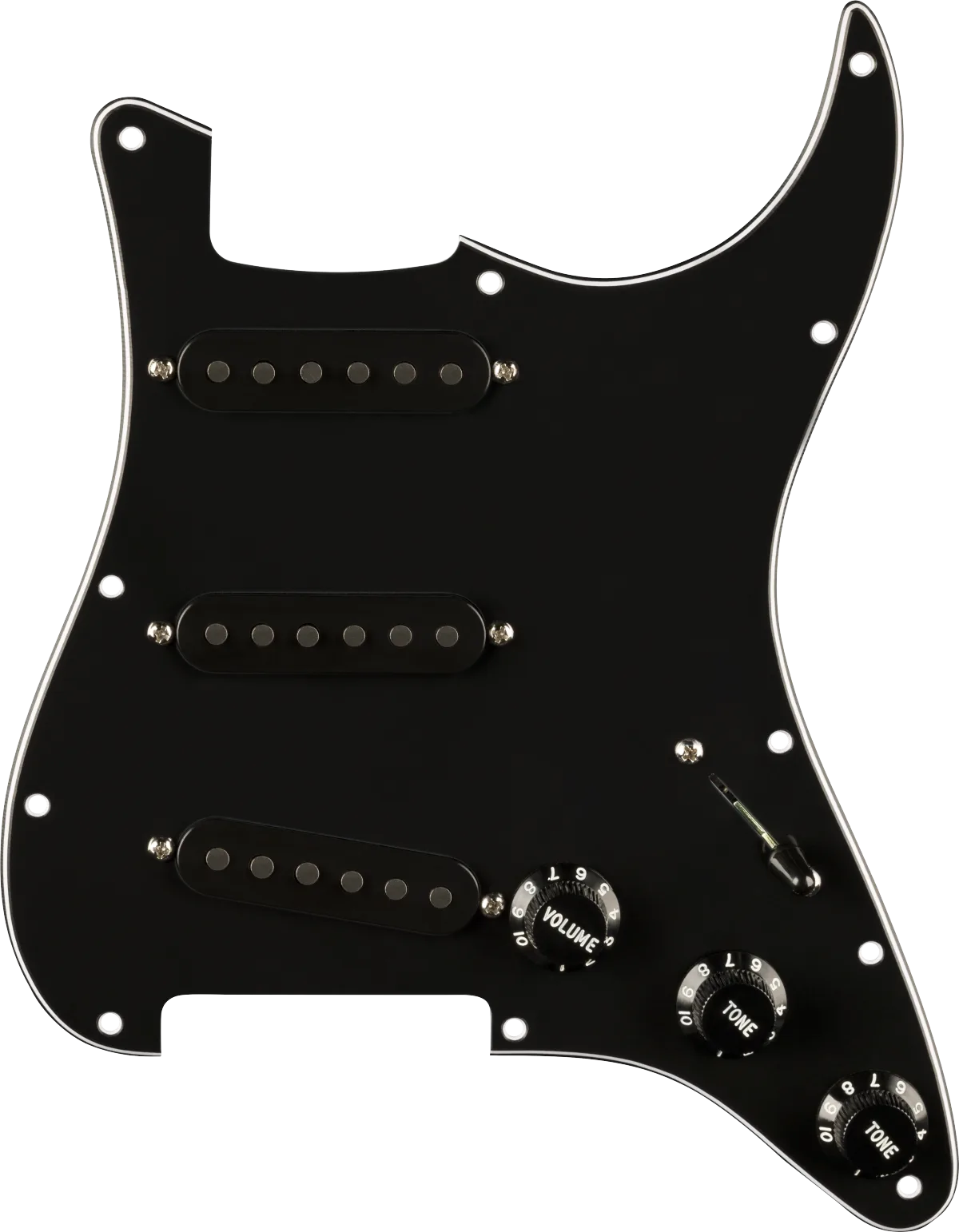 Fender Pre-Wired Strat Pickguard, Pure Vintage '65 w/RWRP Middle — Black 11 Hole PG · Battipenna · R&D Sound Lugano