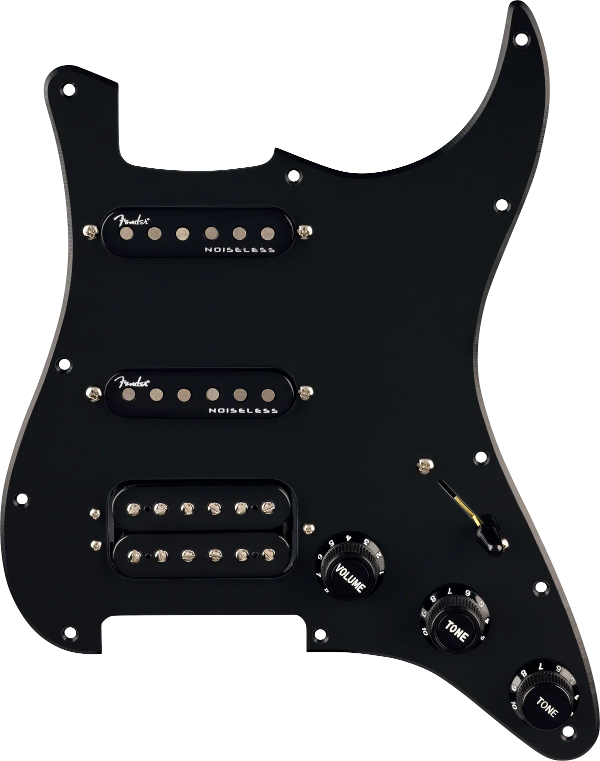 Fender Pre-Wired Strat Pickguard, Quadra Tap/Ultra Noiseless HSS — Black 11 Hole PG · Battipenna · R&D Sound Lugano