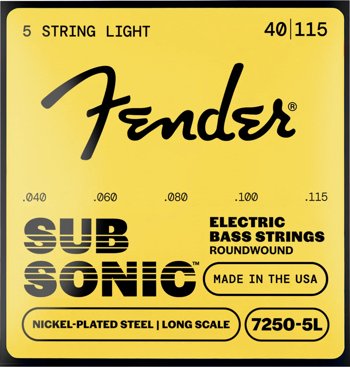 Fender SubSonic 7250 Nickel-Plated Steel Bass Strings (5 String) — SubSonic 7250-5L Bass Strings, Nickel-Plated Steel, 5-String, Long Scale, Gauges .040-.115, (5) · Corde per basso · R&D Sound Lugano