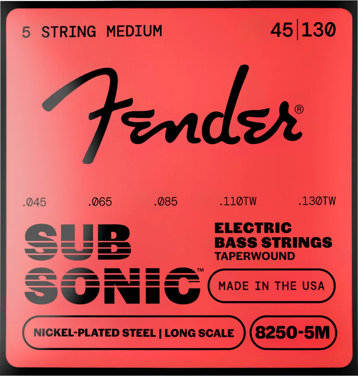 Fender SubSonic 8250 Taper Wound Nickel-Plated Steel Bass Strings (5 String) — SubSonic 8250-5M Bass Strings, Taperwound Nickel-Plated Steel, 5-String, Long Scale, Gauges .045-.130, (5) · Corde per basso · R&D Sound Lugano