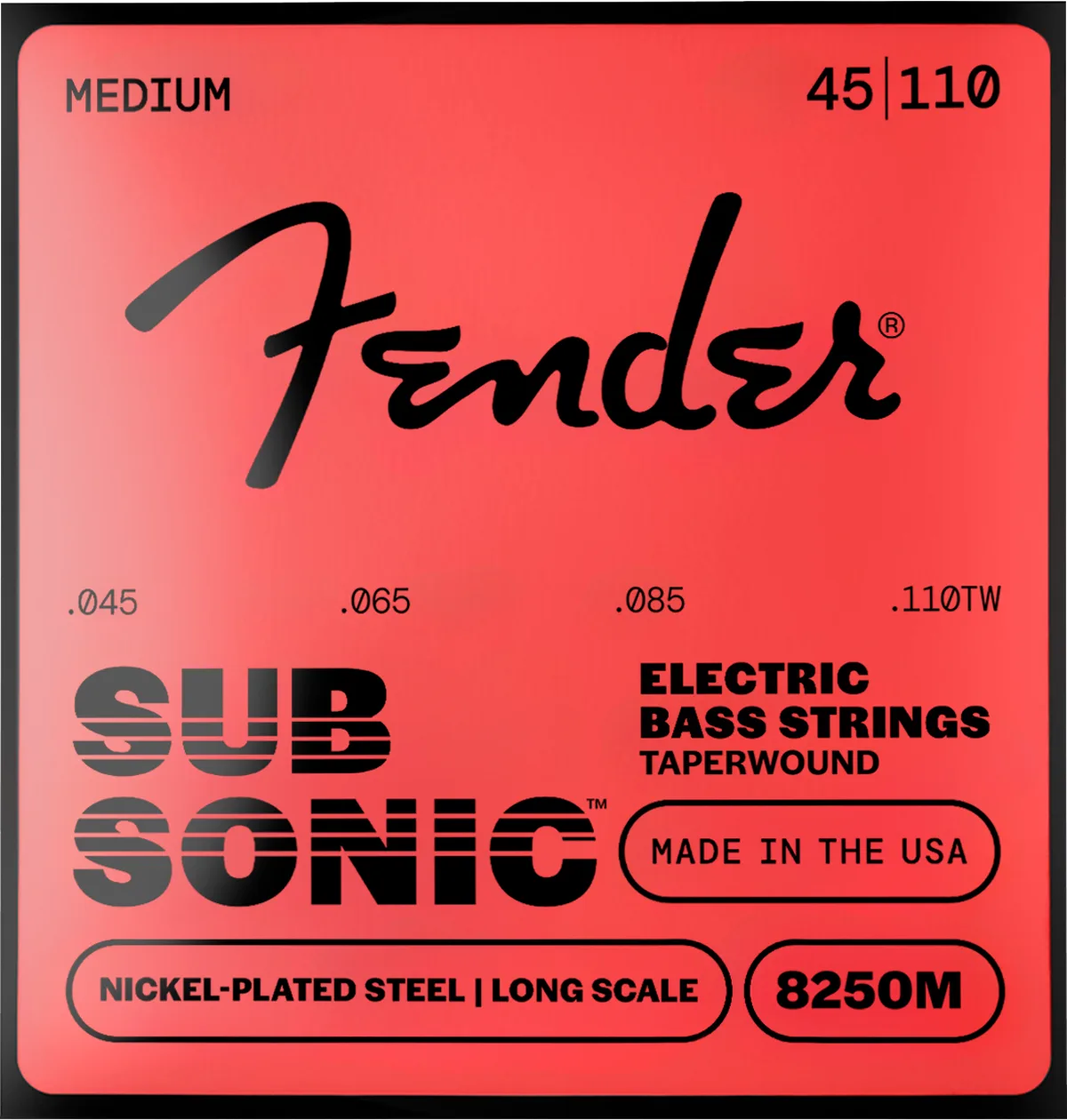 Fender SubSonic 8250 Taper Wound Nickel-Plated Steel Bass Strings — SubSonic 8250M Bass Strings, Taperwound Nickel-Plated Steel, Long Scale, Gauges .045-.110, (4) · Corde per basso · R&D Sound Lugano