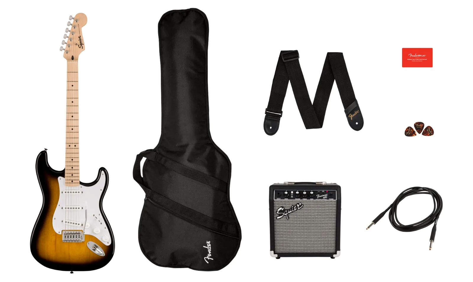 Squier Sonic Stratocaster Pack — Maple Fingerboard, 2-Color Sunburst, Gig Bag, 10G - 230V EU · Chitarre elettriche · R&D Sound Lugano